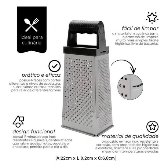 Ralador 4 Faces 22cm De Altura Quadrado Preto Aço Inox Mimo Style